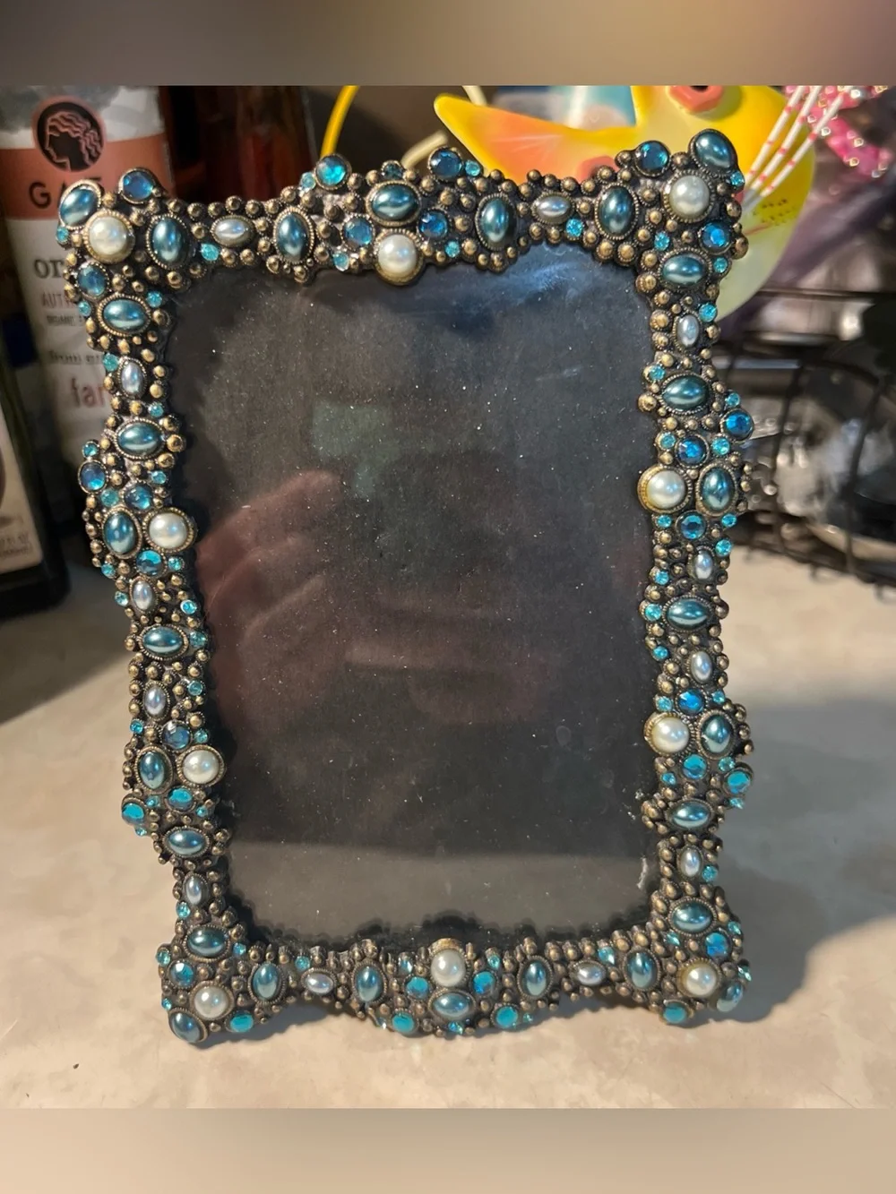 Belle Maison 4x6 Decorative Jewels Hand-set Genuine Blue Crystals Silver Frame